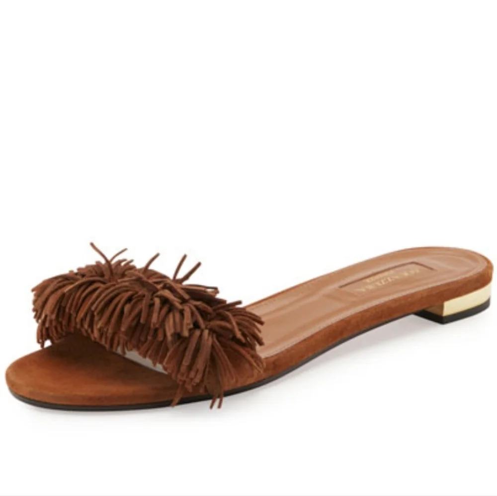 Aquazzura Italy Wild Thing Suede Flats Luxury Slide Sandals Brown EU 37